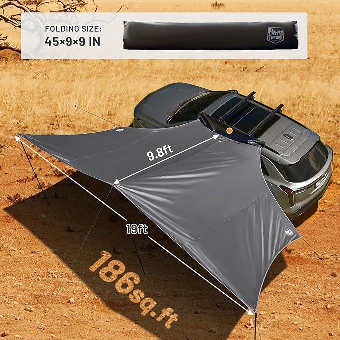 TIMBER RIDGE 19x9.8ft Retractable Vehicle Awning with Blackout Coating Roof Rack Pull-Out Sun Shade Overland Camping, Waterproof Sun Shelter for Car/Truck/Jeep/SUV/Van Grey