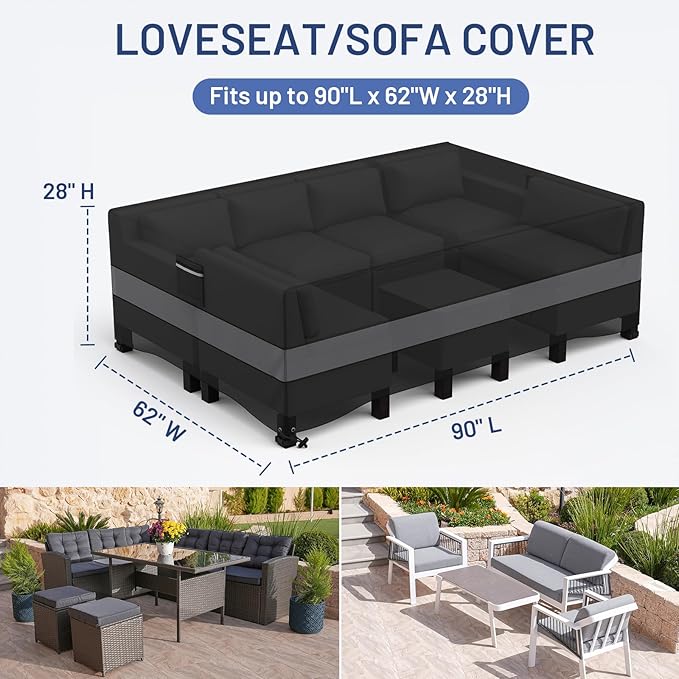 Patio Furniture Set - Waterproof, Heavy Duty Outdoor Couch & Sectional Sofa Cover - Table & Chair Cover - Curved, 90" L x 62" D x 28" H, Grey & Black
