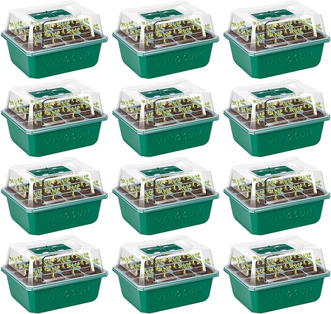 VIVOSUN 12-Pack Seed Starter Trays, 144-Cell Seed Starter Kit with Humidity Dome, Flat Reusable Plant Germination Trays with Drain Hole, Green Propagation Tray for Planting Seeds