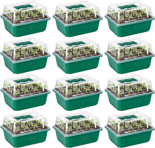 VIVOSUN 12-Pack Seed Starter Trays, 144-Cell Seed Starter Kit with Humidity Dome, Flat Reusable Plant Germination Trays with Drain Hole, Green Propagation Tray for Planting Seeds