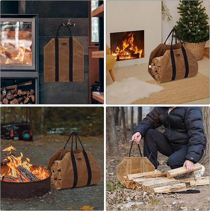 Sturdy Waxed Canvas Firewood Log Carrier, Durable Firepalce Wood Bag with Reinforce Duty Straps