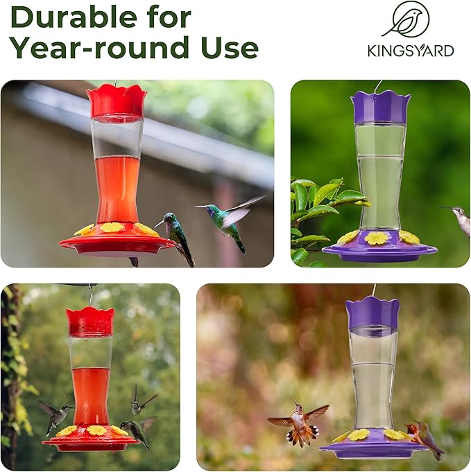 Kingsyard 2 Pack Glass Hummingbird Feeder for Outdoors Hanging - 6 Bee Guard Feeding Ports & Built-in Ant Moat, Wild Bird Feeder for Outside Garden Yard Patio 14 Oz, Updated Red