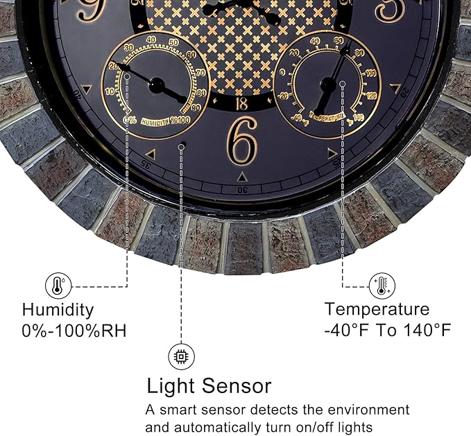 OCEST 18 Inch Large Outdoor Clock Waterproof Thermometer Hygrometer Combo Night Light Illuminated Wall Clocks Battery Operated Silent Non-Ticking Ideal Patio Clock for Garden Pool Porch Yard Garage