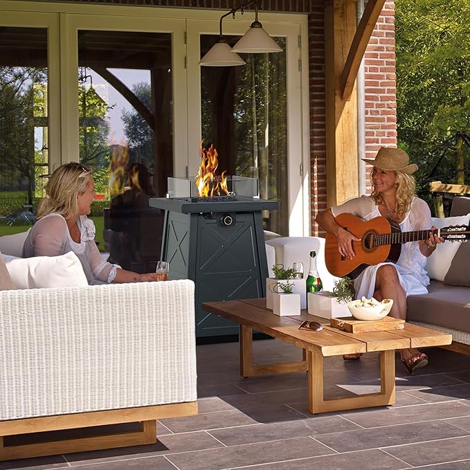 19.5 Inch Steel Fire Table, 40,000 BTU Outdoor Gas Fire Pit, Modern Pattern Patio Column Propane Fire Pit Fireplace w/Glass Rocks, Cover, Lid, Glass Wind Guard