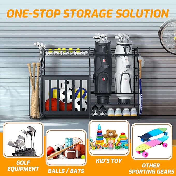PLKOW Sports Equipment Organizer Rack, Garage Ball Rack, 2 Golf Bag Storage and Sports Gear Organizer for Garage