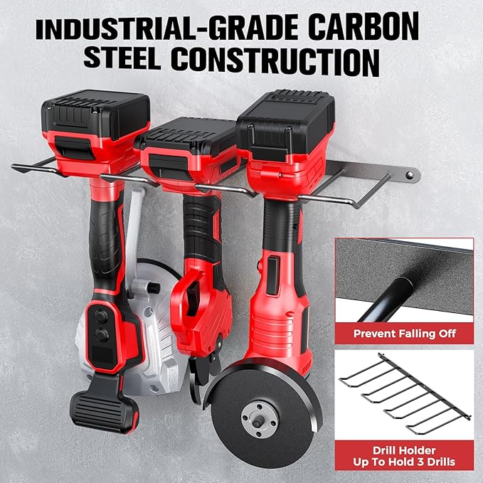 Power Tool Organizer Wall Mount with Extra Drill Holder, Red & Black Garage Storage Combo with Battery Storage, 4 Drill Slots Total, Heavy Duty Steel Tool Rack for Workshop Garage