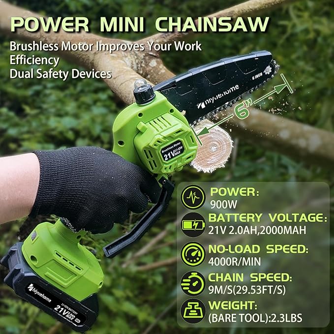 Mini Chainsaw 6inch, Chainsaw Cordless w Automatic Oiler, Handheld Electric Power Chain Saw w Security Lock, Brushless Motor,Power Chain Saws for Wood/Trees Trimming (Green - 2 batteries)
