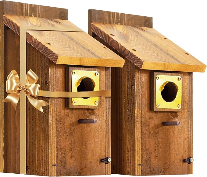 2pk Large Bluebird House for Outdoor - Extra High Size, with Perch, Mesh Base & Brass Guard - Cedar Birdhouse for Bluebirds, Finches, Swallows Carbonized Finished 5 Years Usage, Assembling Needed