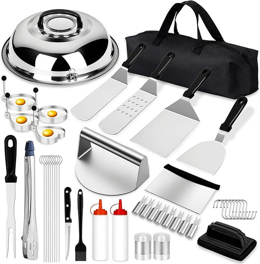45 Pcs Griddle Accessories Kit, Flat Top Grill Accessories Set for Blackstone and Camp Chef, Griddle Grill Tools Set,w/Carry Bag, Enlarged Spatulas, Basting Cover, Scraper for Outdoor Barbecue(Silver)
