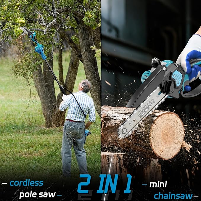 2-in-1 Cordless Pole Saw＆6 Inch Mini Chainsaw,16 FT Max Reach Pole Saw Battery Powered,Adjustable 180° Cutting Angle with 2 Battery,Pole Saws for Tree Trimming