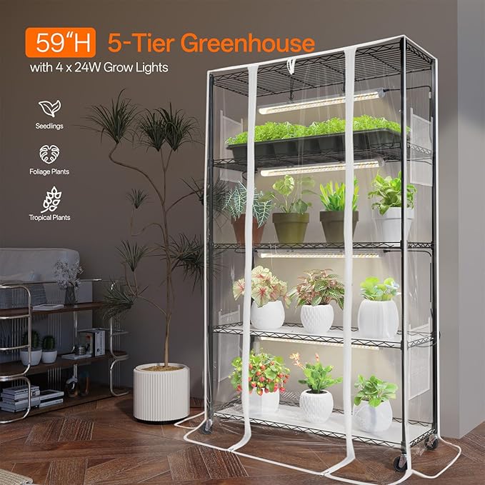 Indoor Greenhouse with Grow Light, Mini Green House with 4 Pack 24W Full Spectrum Plant Lights with Timer, Plant Shelf with Tent for Indoor Plant, Seed Starting, Seed Tray, 35.4"x13.8"x59"