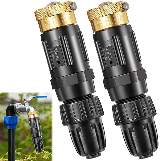 Feekoon 2 Set 25 Psi Drip Irrigation Faucet Adapter Kit 1/2'' Irrigation Tubing to 3/4'' Faucet Water Pressure Regulator Backflow Preventer with Filter, Drip Irrigation System Parts (25 Psi)