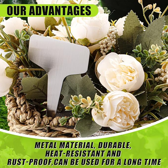 Hicarer 24 Pcs Durable Metal Plant Labels Christmas Gift Weatherproof Garden Markers Engraving Stainless Steel 304 T-Type Reusable Plant Tags for Gardeners Outdoor Greenhouse Vegetables(4x2.4 Inch)