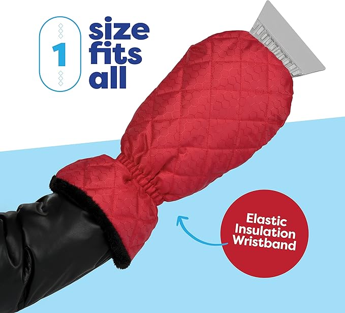 SCRUBIT Ice Scraper with Glove - Car Windshield Scraper for Ice and Snow w/Fleece Mitt - Quickly Scrape and Remove Snow While Staying Warm - Waterproof & Windproof - Car Scraper Snow Brush (Red)
