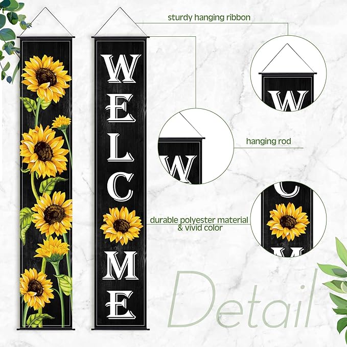 Tatuo Sunflower Welcome Hanging Banners Fall Porch Banners Flags Autumn Door Banner Thanksgiving Hanging Banner for Front Door Garden Home Yard Sunflower Party Decorations(Black Background)