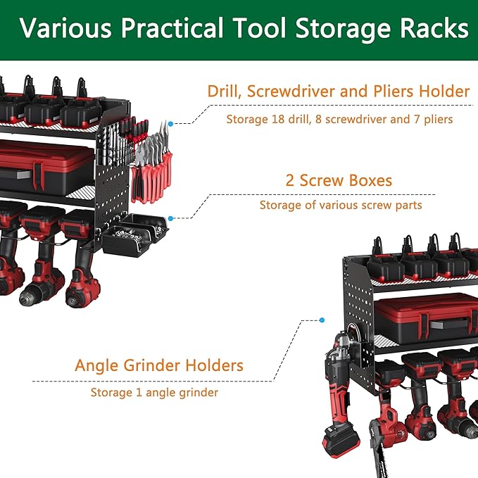 Power Tool Charging Station, Garage 4 Drill Power Tool Wall Organizer, Metal Hand Tool Storage Rack, Utility Racks, Cordless Drill and Battery Holder for Garage Organization, Gifts for Men Dad Husband