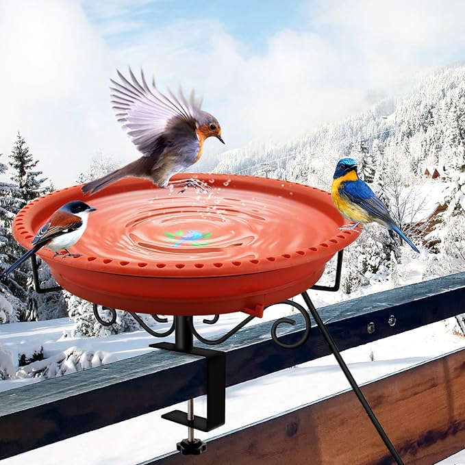 Lovppy Heated Bird Baths for Outdoors for Winter, 100W Heated Bird Bath Water Heater with Thermostatically Controlled, Heated Bird Bath for Deck Railing Outside Garden Patio Yard (Brown)