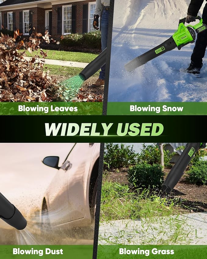 Saker Cordless Leaf Blower 650CFM 22V Electric Blowers with 2x5.0Ah Batteries 3-Speed Lightweight Blowers for Lawn Care, Yard Cleaning, Blowing Leaves, Dust, Snow Green SK-LB650