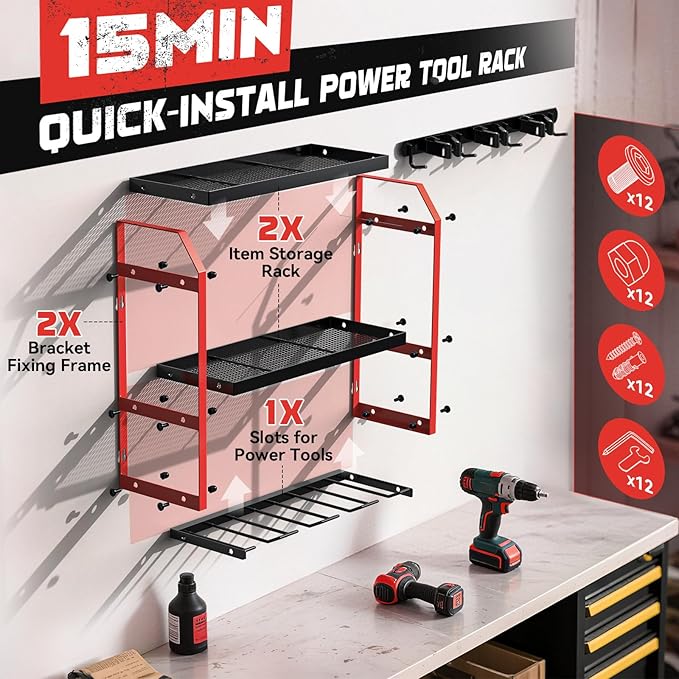 Power Tool Organizer Wall Mount with Broom Holder Combo, Red & Black 3-Tier Garage Storage Rack with Battery Storage, 4 Drill Holder Slots, Heavy Duty Steel 150LB Capacity