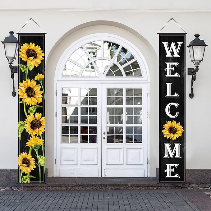 Tatuo Sunflower Welcome Hanging Banners Fall Porch Banners Flags Autumn Door Banner Thanksgiving Hanging Banner for Front Door Garden Home Yard Sunflower Party Decorations(Black Background)