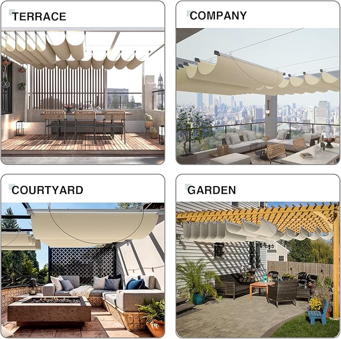 ECOOPTS 3'x12' Retractable Waterproof Wave Sun Shade Canopy Pergola Cover Shade Sail Awning for Outdoor Patio Porch Garden Deck Backyard (Beige)