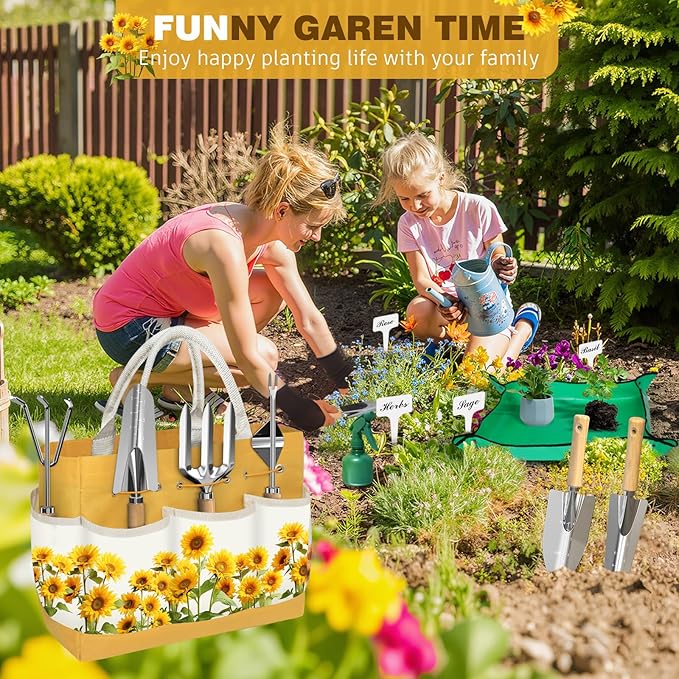 22Pcs Gardening Tools Set for Women Heavy Duty Garden Hand Tool Kit Gifts for Mom Beginner Gardener Gardening Accessories with SunflowerTote Bag/Shovel/RepottingMat/Plant Labels/Gloves-Yellow