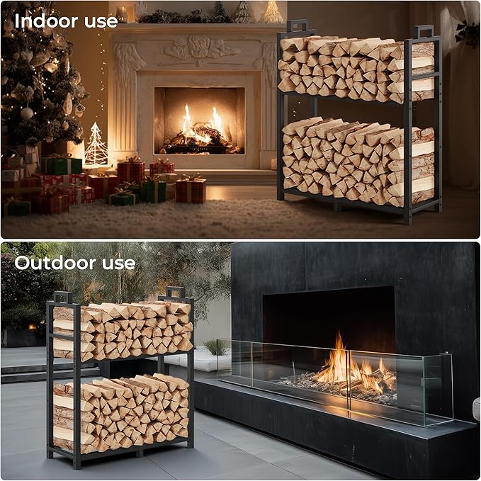 30 Inch Firewood Rack with Log Carrier Bag, Indoor Double-layer Fire Wood Holder with handles, Metal Heavy Duty Log Holder, Rustproof Firewood Storage Tool for Fireplace Patio Deck