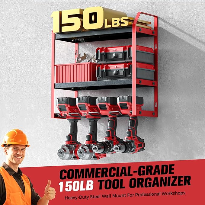Power Tool Organizer Wall Mount with Extra Drill Holder, Red & Black Garage Storage Combo with Battery Storage, 4 Drill Slots Total, Heavy Duty Steel Tool Rack for Workshop Garage