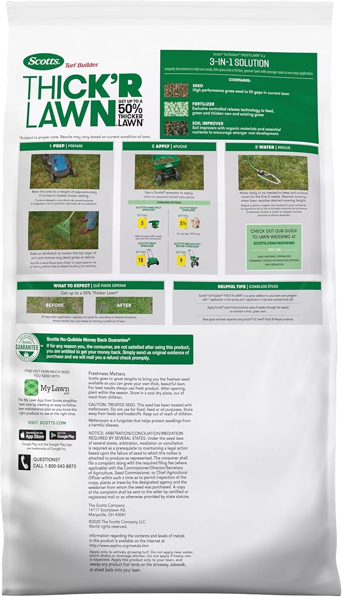Scotts Turf Builder Thick'R Lawn Sun and Shade, Combination Seed, Fertilizer and Soil Improver, Thickens Thin Grass, 40 lbs.