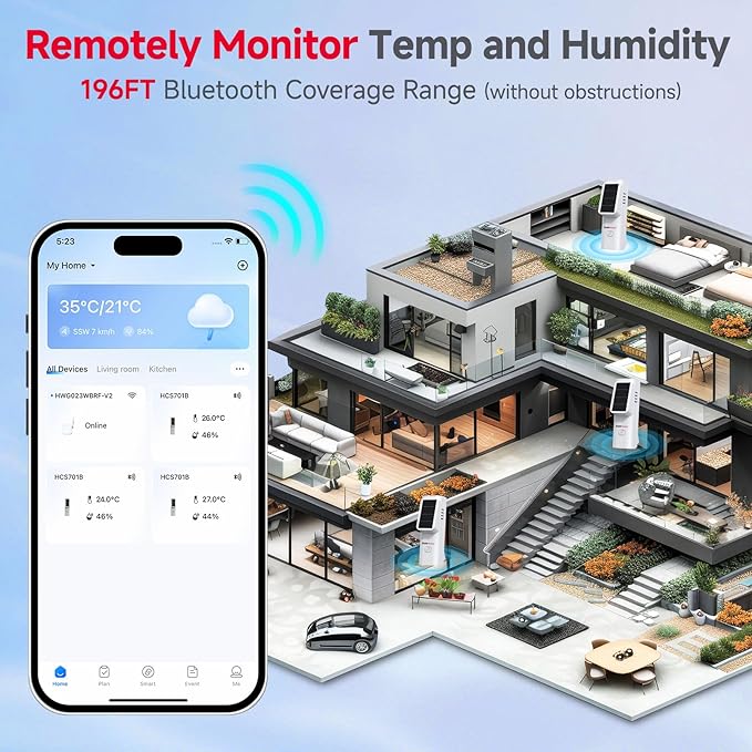 BaldrTherm Solar WiFi Hygrometer Thermometer Sensor, Smart Wireless Temperature Humidity with App Notification Alert, Date Storage, Remote Monitor for Room Greenhouse, 6pack