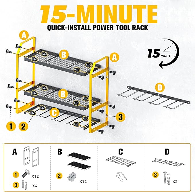 Power Tool Organizer Wall Mount with Extra Drill Holder, Yellow & Black Garage Storage Combo with Battery Storage, 4 Drill Slots Total, Heavy Duty Steel Tool Rack for Workshop Garage