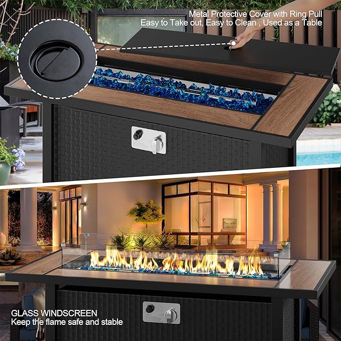 45 inch Outdoor Propane Fire Pit 50,000 BTU Gas Fire Pit Table with Walnut Tabletop, Glass Wind Guard, Waterproof Cover, Rectangle Gas Firepit Table for Garden/Patio,CSA Certification