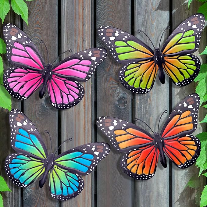 Metal Butterfly Wall Art Outdoor Decor - 4 Pack 9.8in Butterflies Wall Sculpture Hanging Decor for Outdoor and Indoor, Balcony Yard Patio Fence Garden Decorations, Nice Gift for Mom Friend