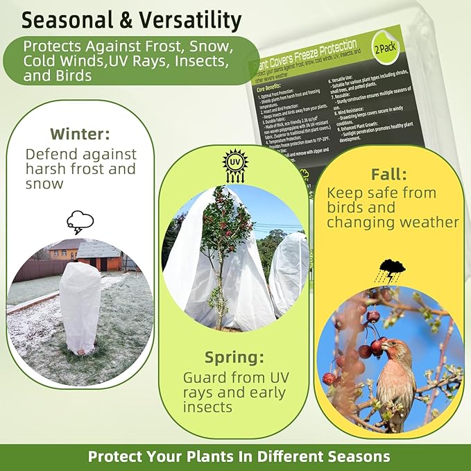 2 Pack Plant Covers Freeze Protection, 40"W x 45"H Winter Frost Blanket 2.36 oz/yd² Fabric Frost Cloth Tree Covers Shrub Jacket Bag with Zipper & Drawstring for Plants Fruit Tree Shrub Potted - White