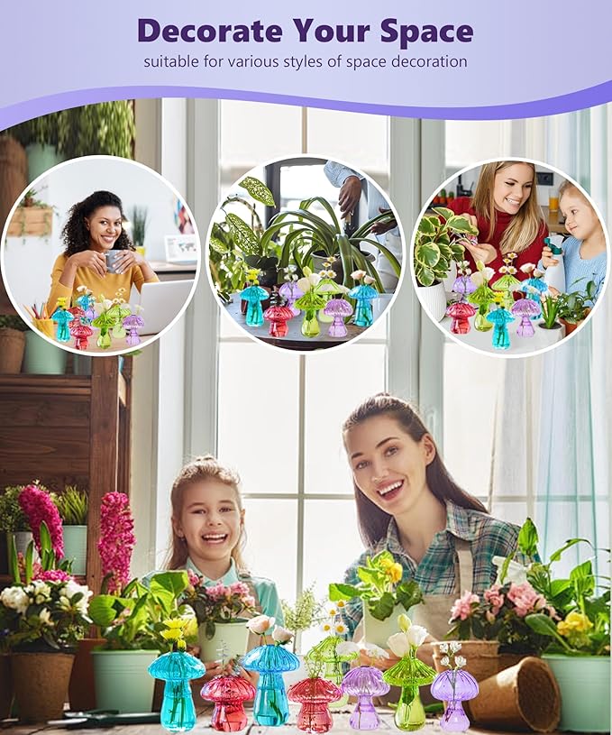 Nacome Mushroom Glass Propagation Station for Plants: Set of 8 Colored Vases Terrarium Kit for Home Office Indoor Hydroponics Decor - Birthday Gifts for Women Mom Grandma