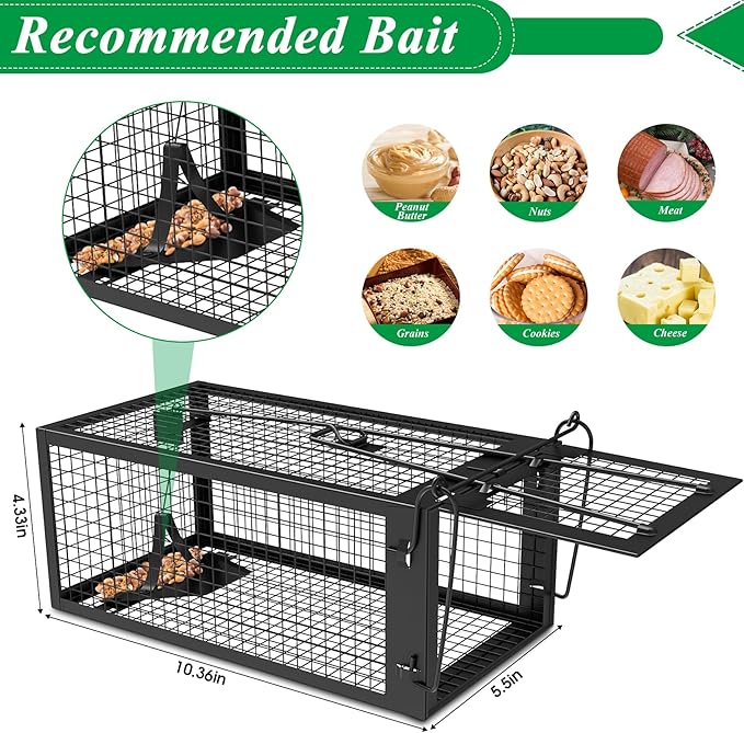 2 Packs Humane Rat Trap Outdoor Mouse Traps Indoor Use, Rodent Chipmunk Traps for Small Live Animal Catch and Release - Black