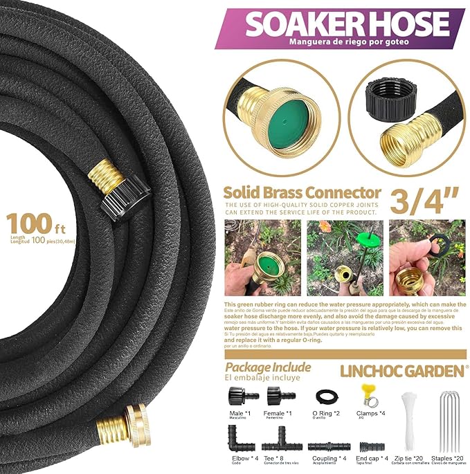 LICNCHOC GARDEN Soaker Hose 100ft,1/2 INCH Flexible Durable Garden Hose for Efficient Watering, Leak-Proof Design 100% Recycled Rubber,Ideal for Lawns,Gardens & Flower Beds