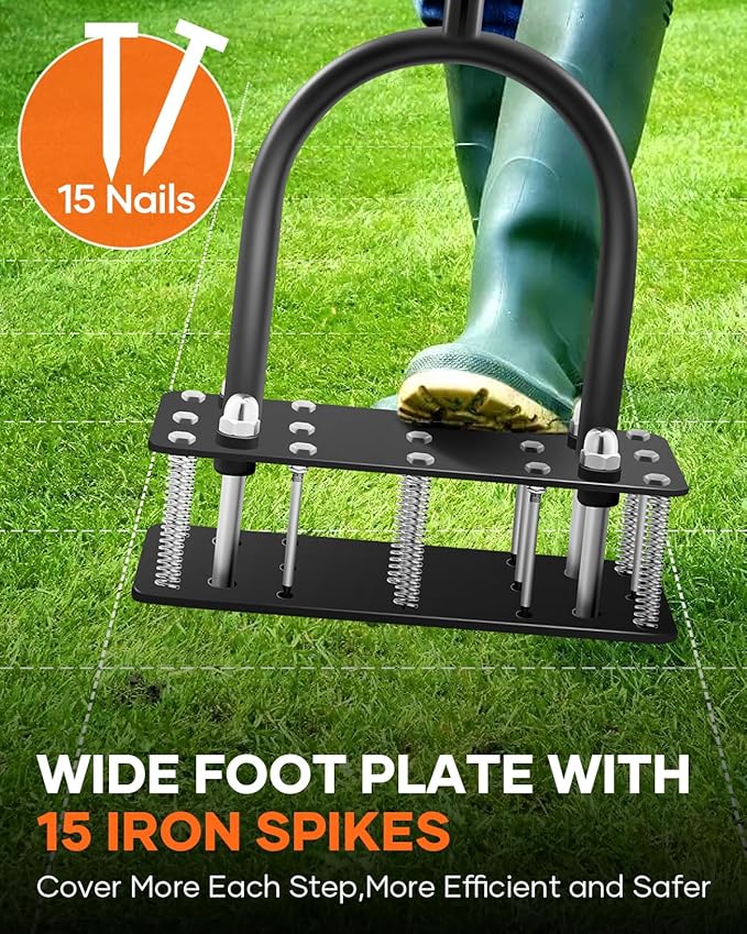 Saker Lawn Aerator Tool, Lawn Aerator with 15 Iron Spikes, Automatic Leaf and Dirt Cleaning with Spring-Loaded Design, Metal Manual Aerator for Loosening Soil Aerating Patio, Yard, Garden Orange