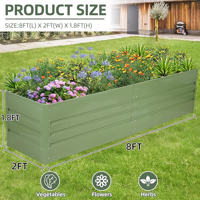 1MORE Raised Garden Bed- 8x2x1.8ft Planter Garden Boxes Outdoor, Raised Beds for Gardening, Large Metal Garden Bed Kit for Vegetables Flower, Deep Root Planter Raised Beds with Tools.Green
