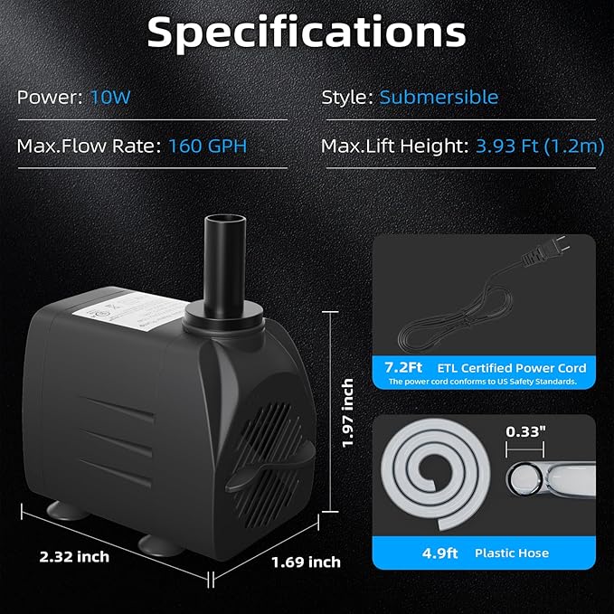 160GPH Submersible Water Pump(600L/H, 10W), waatoos Durable Outdoor Fountain Pump with 4.9 ft Tubing for Aquariums, Fish Tank, Pond Fountain, Statuary, Hydroponics, Water Feature, Indoor Fountains