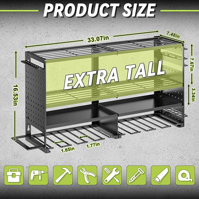 Power Tool Organizer Wall Mount,Heavy Duty Metal 4 Layer 8 Slots Drill Holder,Garage Cordless Storage Rack with Screwdriver Plier Hammer Holder for Workshop Carport Basement