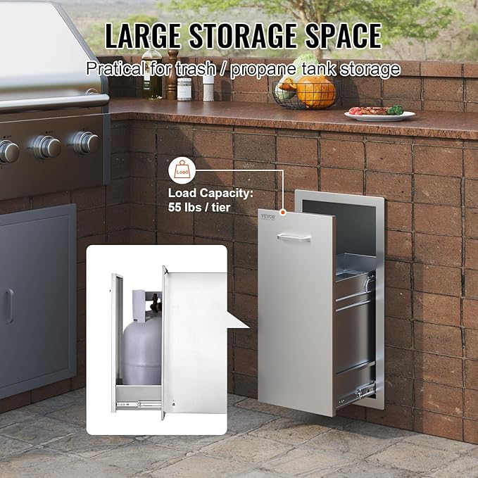 VEVOR Pull Out Trash Drawer 13.4"W x 25.7"H x 19.6"D Lower Sliding Rails Steel Roll Out Trash Bin Pull Out Tray Outdoor Kitchen Trash Drawer with Handle for BBQ Island Grill Station No Trash Can