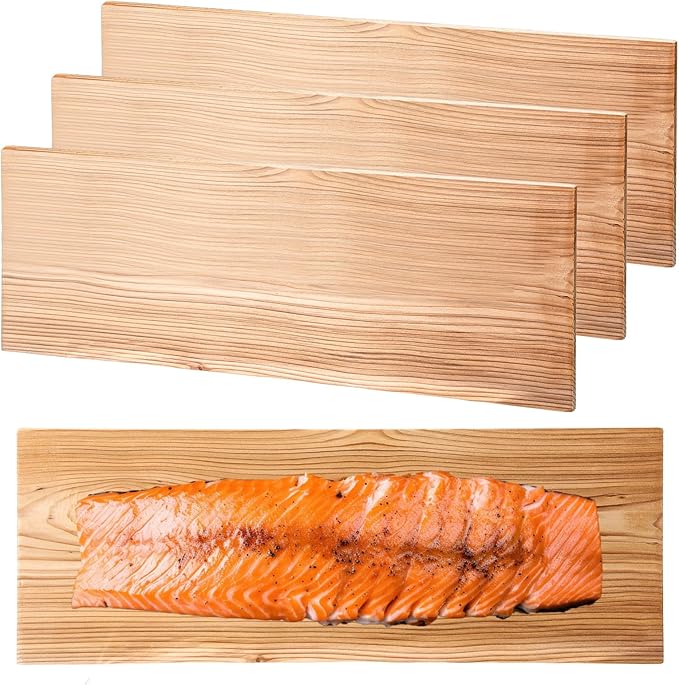 Landical 3 Pcs XL XXL Large Cedar Planks for Grilling Salmon Thicker Design Full Filet of Salmon Meat Fish and Veggies Adding Extra Smoke and Flavor Soaking Fast Easy to Use (15 x 5.5 Inches)
