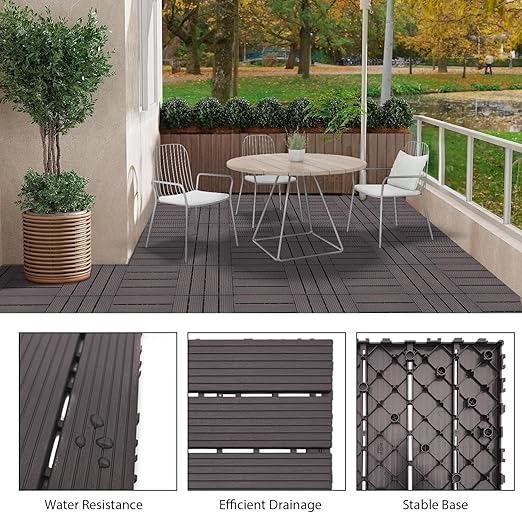 27 PCS 12x12 Inch Interlocking Deck Tiles - Waterproof All-Weather Outdoor Patio Flooring for Pool, Balcony, Backyard, Porch & Garden, Coffee
