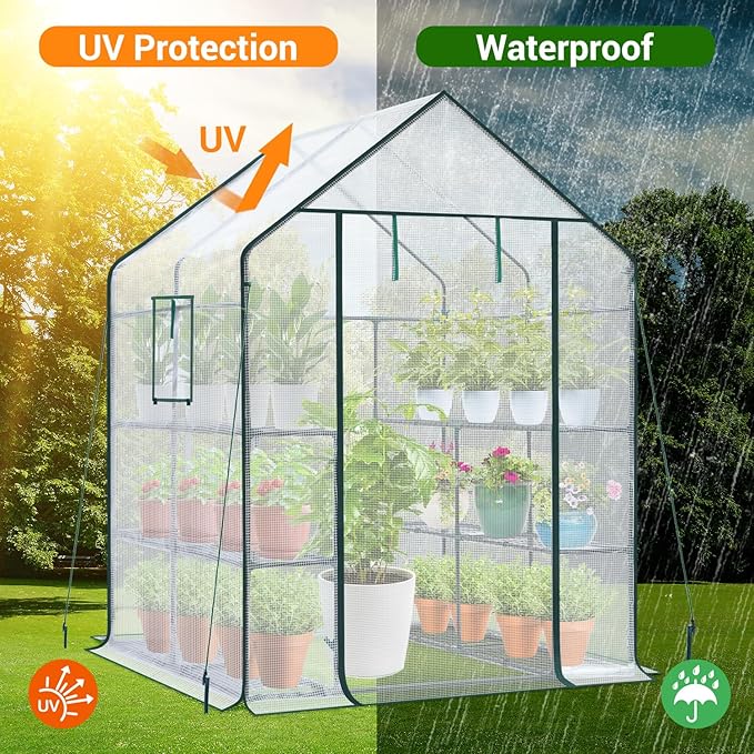 Ohuhu Greenhouse for Outdoors: 3 Tiers 12 Shelves Walk-in Indoor Green House Heavy Duty Plant Stands Reinforced Plastic PE Cover Mini Portable Warm House for Outside, 4.8x2.5x6.4 FT