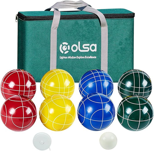 Olsa 90/100/107mm Bocce Balls Set Outdoor Games,Bocci Ball Yard Games Backyard Game Set with 8 Poly-Resin Balls, 1 White Pallino, Premium Carrying Bag, Outdoor Game for Adults Family