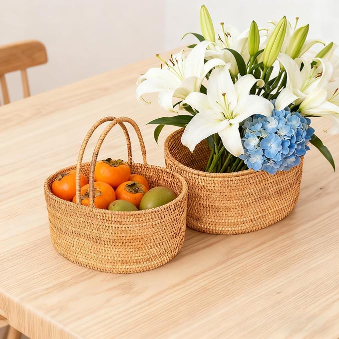 15"×11"×7" Rattan Picnic Basket with Handles, Large Oval Gift Baskets, Hand-Woven Basket for Fruit, Empty Gift Basket for Festival, Wedding, Camping