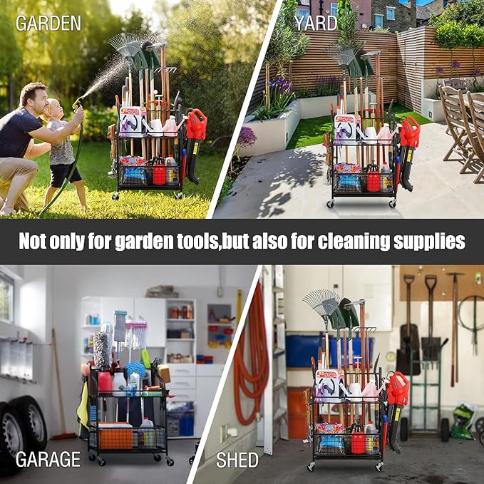Mythinglogic Garden Tool Organizer for Garage, Yard Tool Rack with Wheels, Garage Organizers and Storage Holder for Yard Tools (Deluxe Tower)