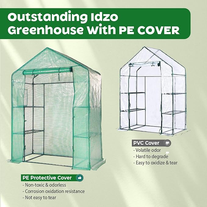 IDZO Walk in Greenhouse, Outdoor Greenhouse with Durable PE Cover & Sturdy Steel Frame for All Seasons, Convenient Rollable Door, Anchor & Rope Included for More Stable Stand, Easy to Install