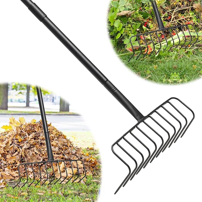 Rake, Heavy Duty Garden Rake with 11 Tines, 51 Inch Handle, 16 Inch Wide, Metal Garden Thatch Leaf Rakes for Raking Gathering Mulch,Metal Bow Rakes for Lawn Yard Bushes Pine Needles Leaves Grass